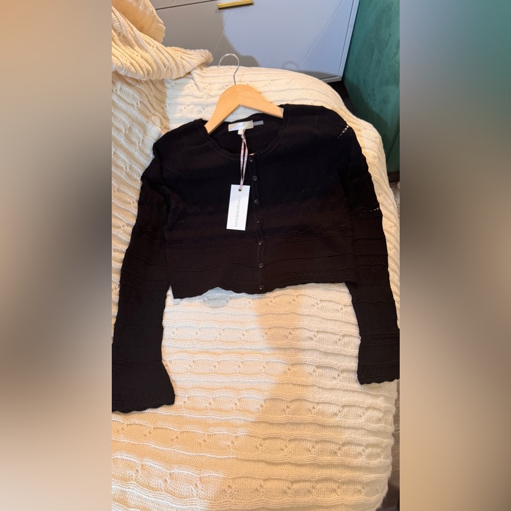 LOVESHACKFANCY MEDIA POINTELLE KNIT CARDIGAN IN BLACK, brand new, never worn. - Picture 8 of 14